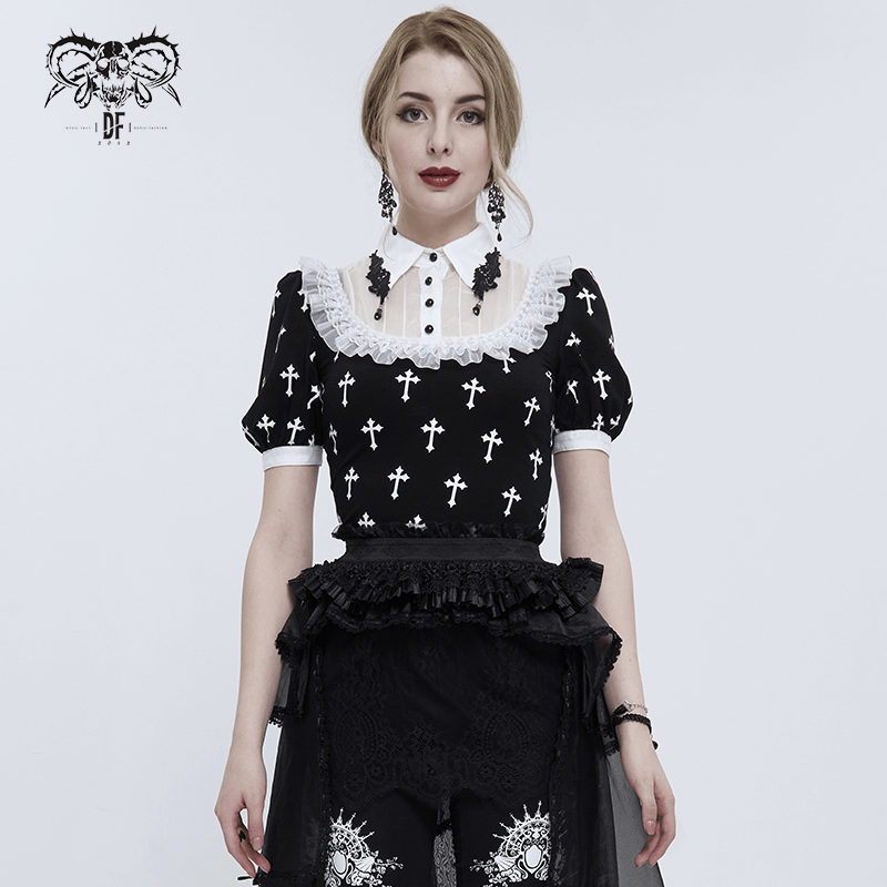 Gothic Style Short Sleeves Blouse with White Crosses Pattern / Alternative Fashion Women's Clothing