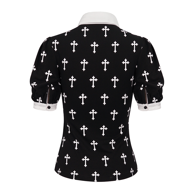 Gothic Style Short Sleeves Blouse with White Crosses Pattern / Alternative Fashion Women's Clothing