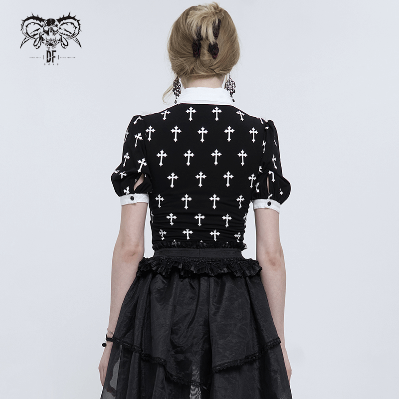Gothic Style Short Sleeves Blouse with White Crosses Pattern / Alternative Fashion Women's Clothing