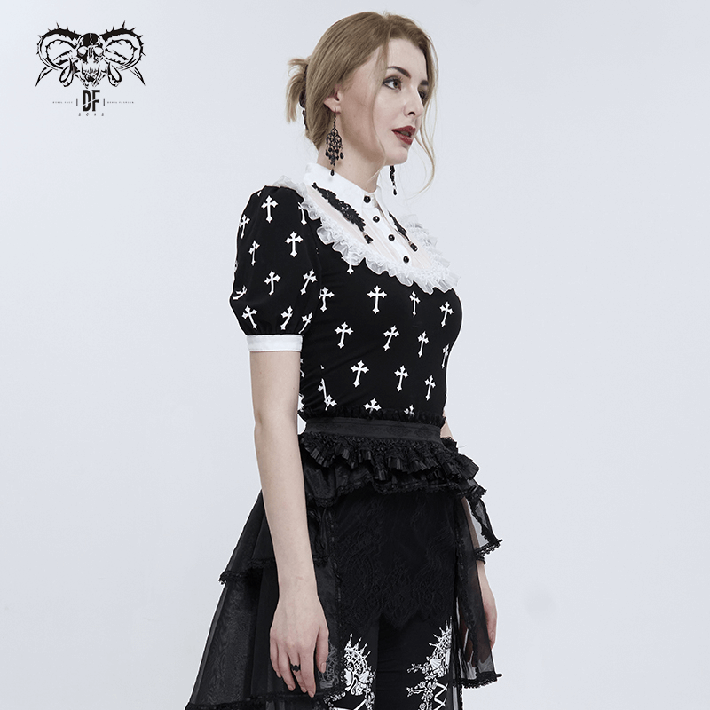 Gothic Style Short Sleeves Blouse with White Crosses Pattern / Alternative Fashion Women's Clothing