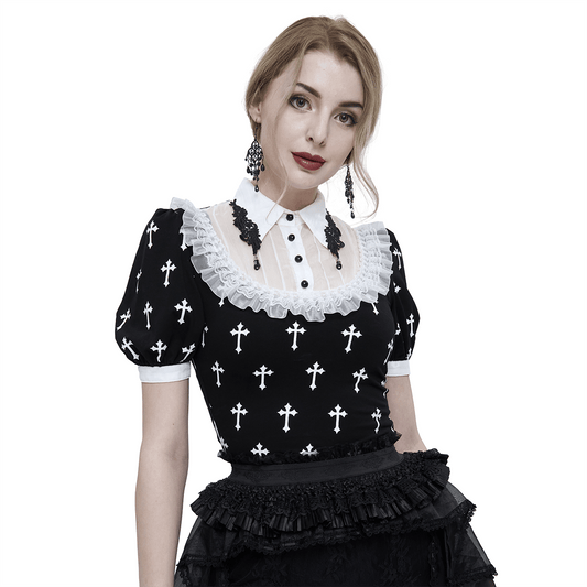 Gothic Style Short Sleeves Blouse with White Crosses Pattern / Alternative Fashion Women's Clothing