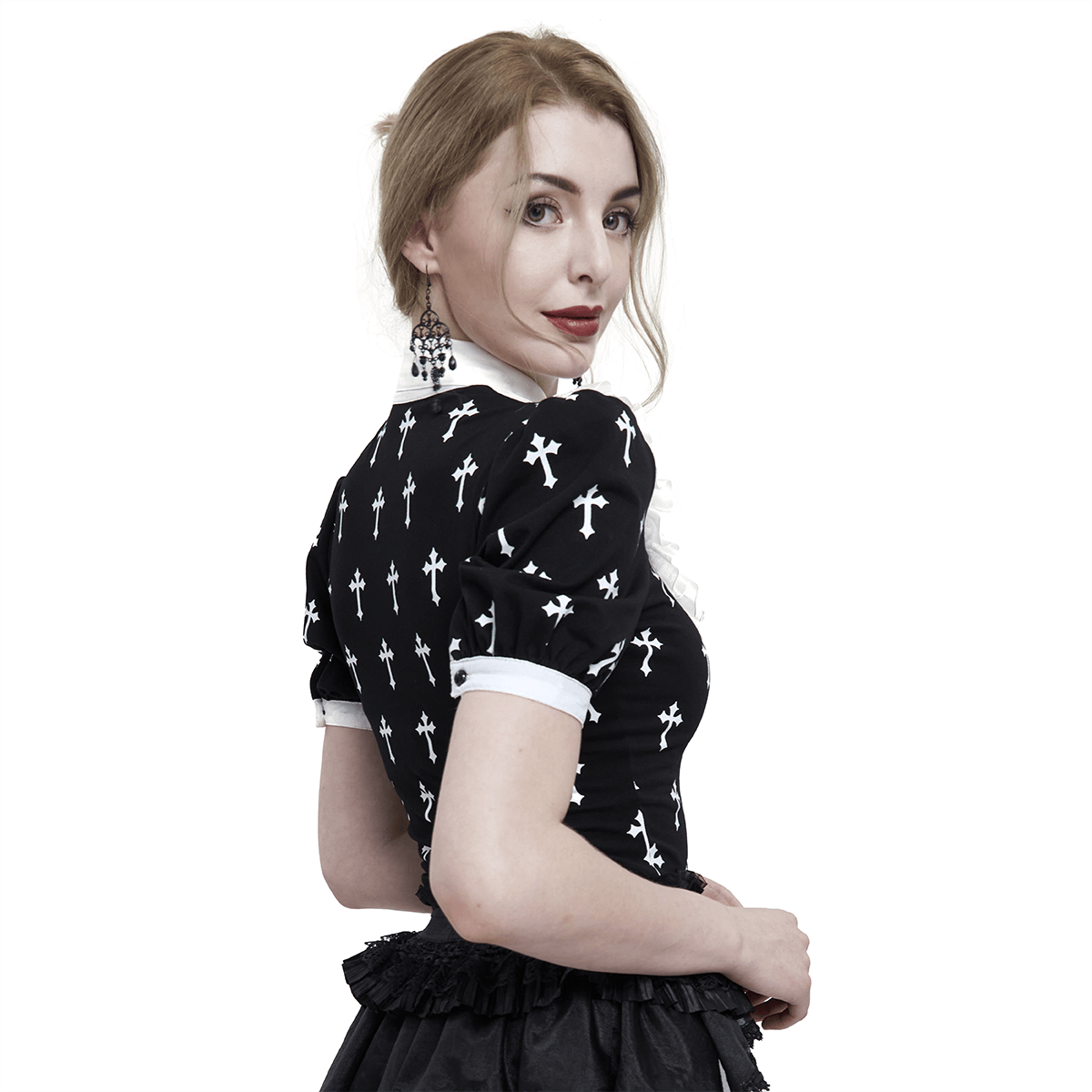 Gothic Style Short Sleeves Blouse with White Crosses Pattern / Alternative Fashion Women's Clothing