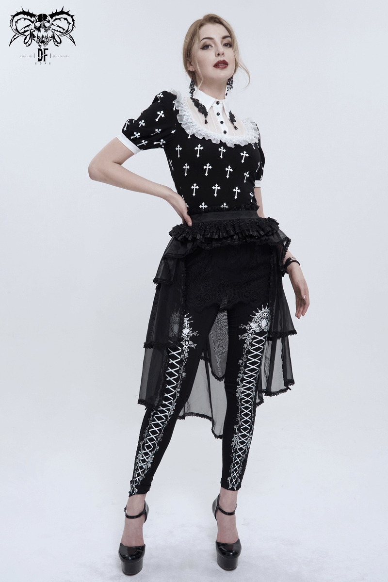 Gothic Style Short Sleeves Blouse with White Crosses Pattern / Alternative Fashion Women's Clothing