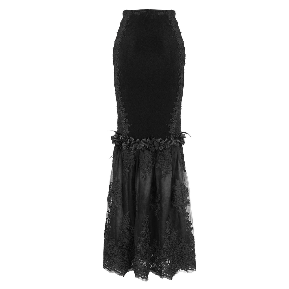 Gothic-Style Skirt with Lace Details and Floral Accents