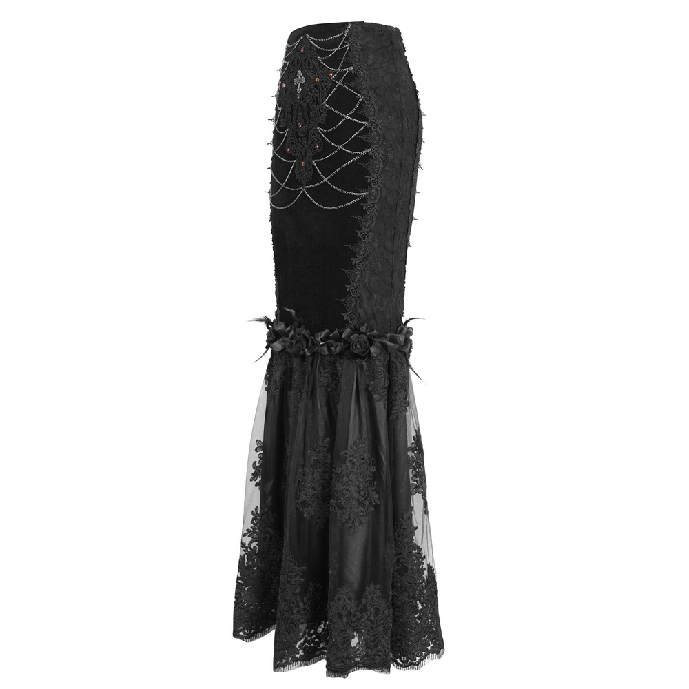 Gothic-Style Skirt with Lace Details and Floral Accents