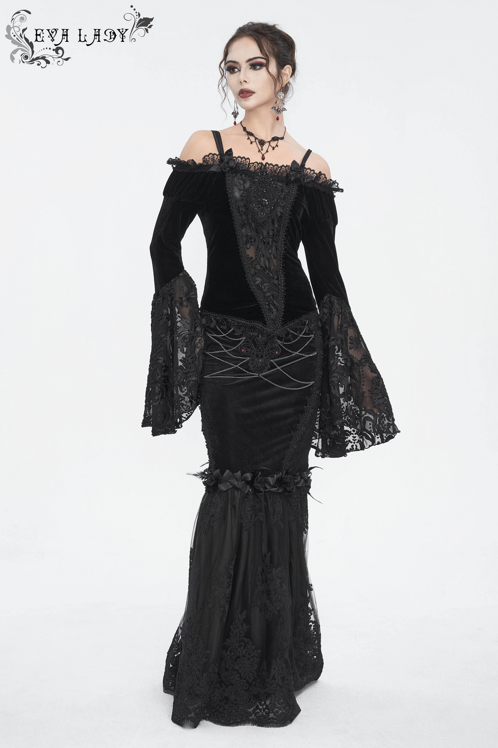 Gothic-Style Skirt with Lace Details and Floral Accents