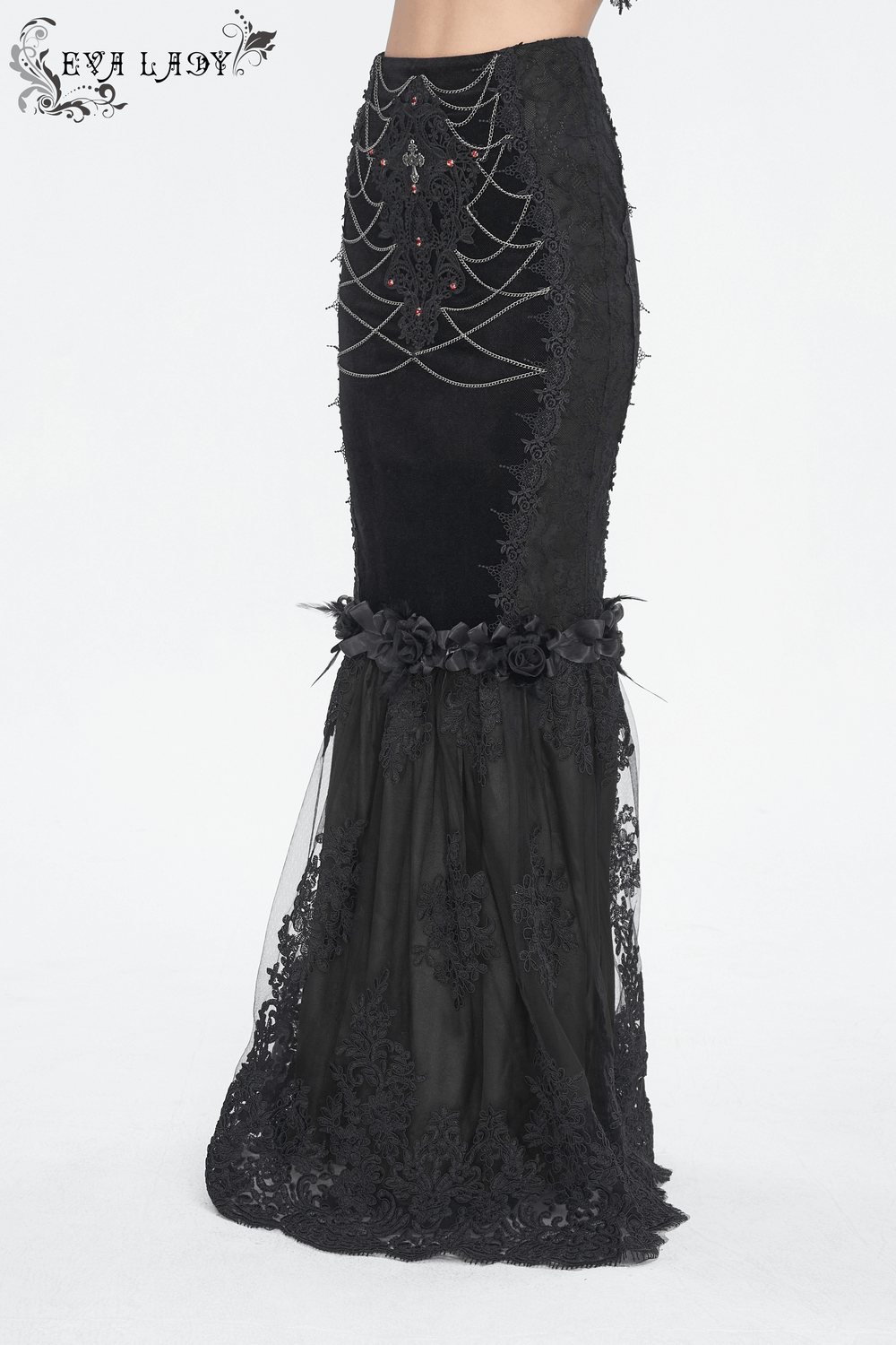 Gothic-Style Skirt with Lace Details and Floral Accents