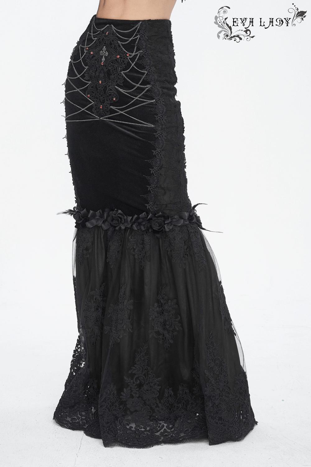 Gothic-Style Skirt with Lace Details and Floral Accents