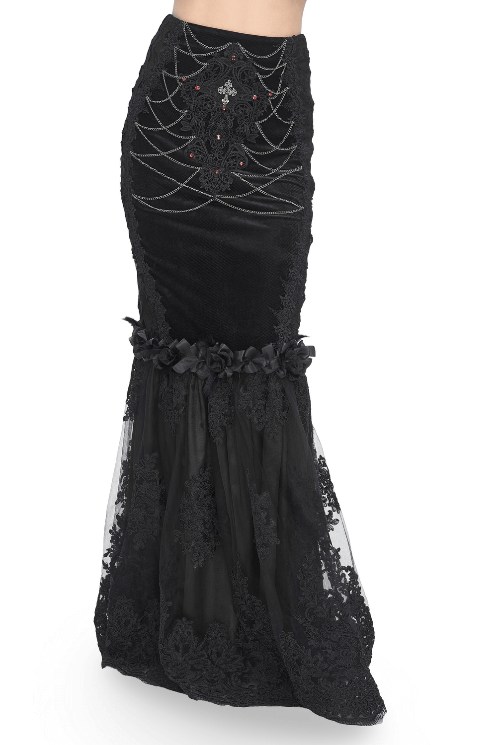 Gothic-Style Skirt with Lace Details and Floral Accents