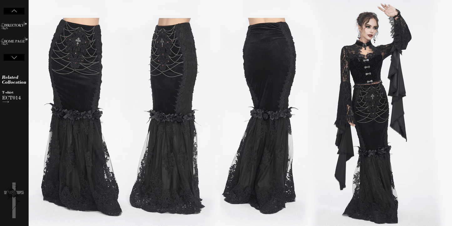 Gothic-Style Skirt with Lace Details and Floral Accents