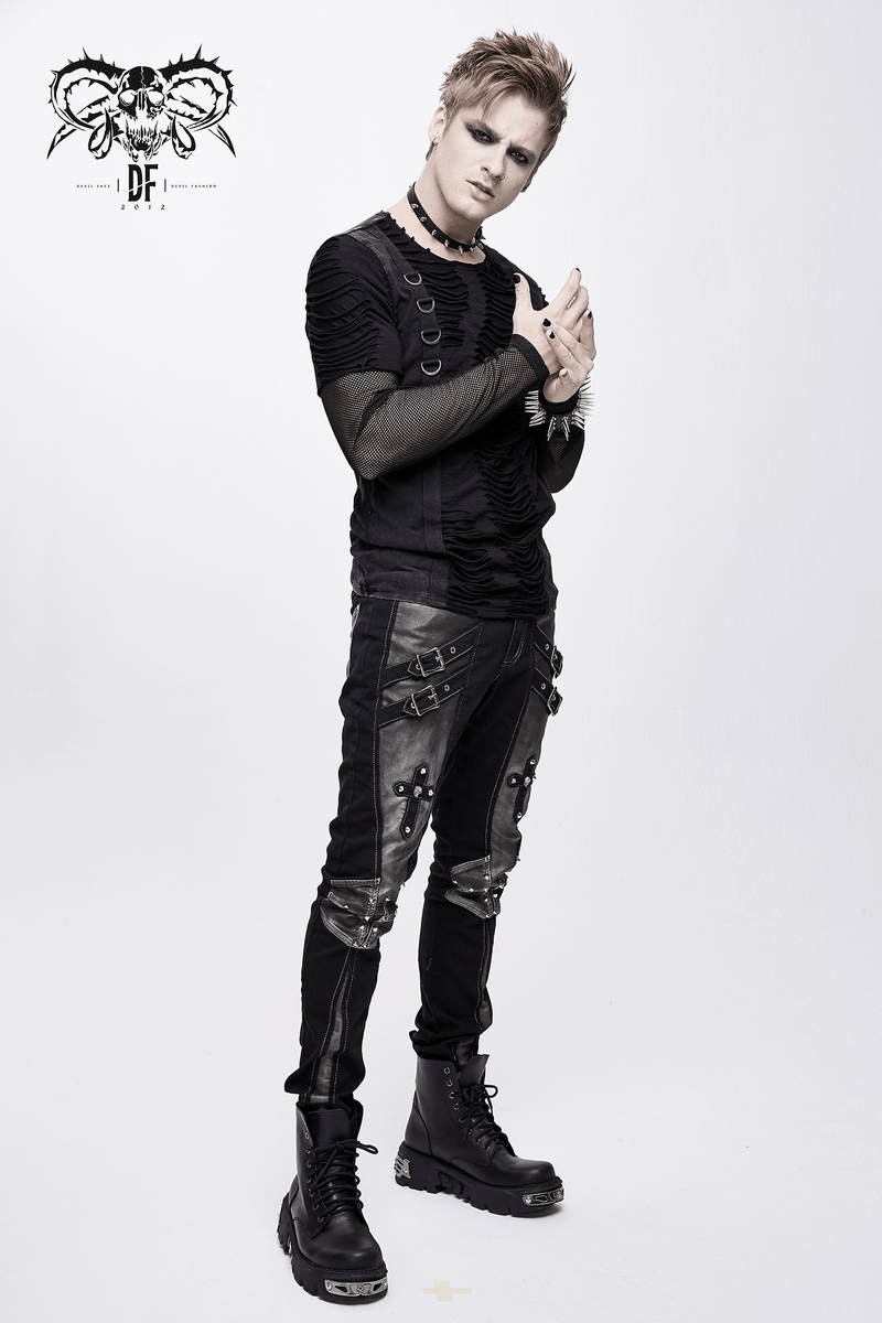Gothic Style Studded Tight Pants with Pockets / Men's Trousers with Dual Buckle Straps