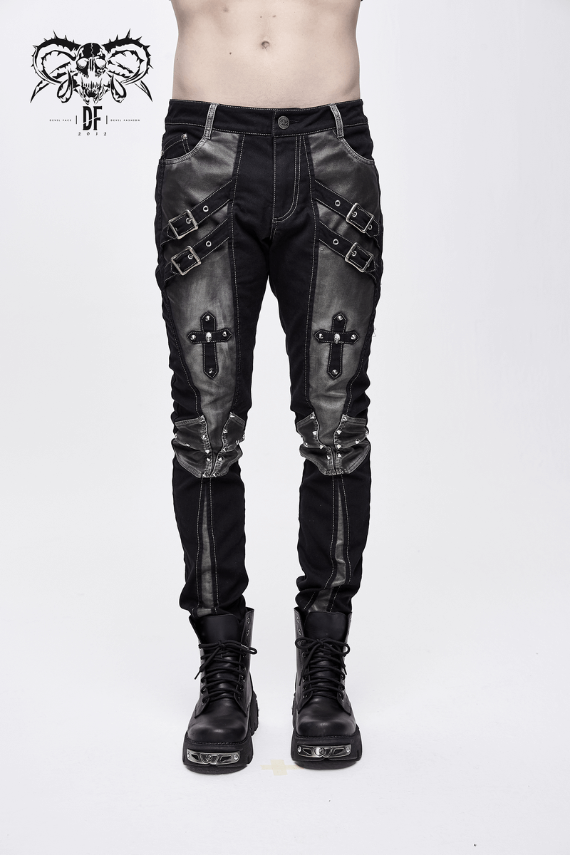 Gothic Style Studded Tight Pants with Pockets / Men's Trousers with Dual Buckle Straps