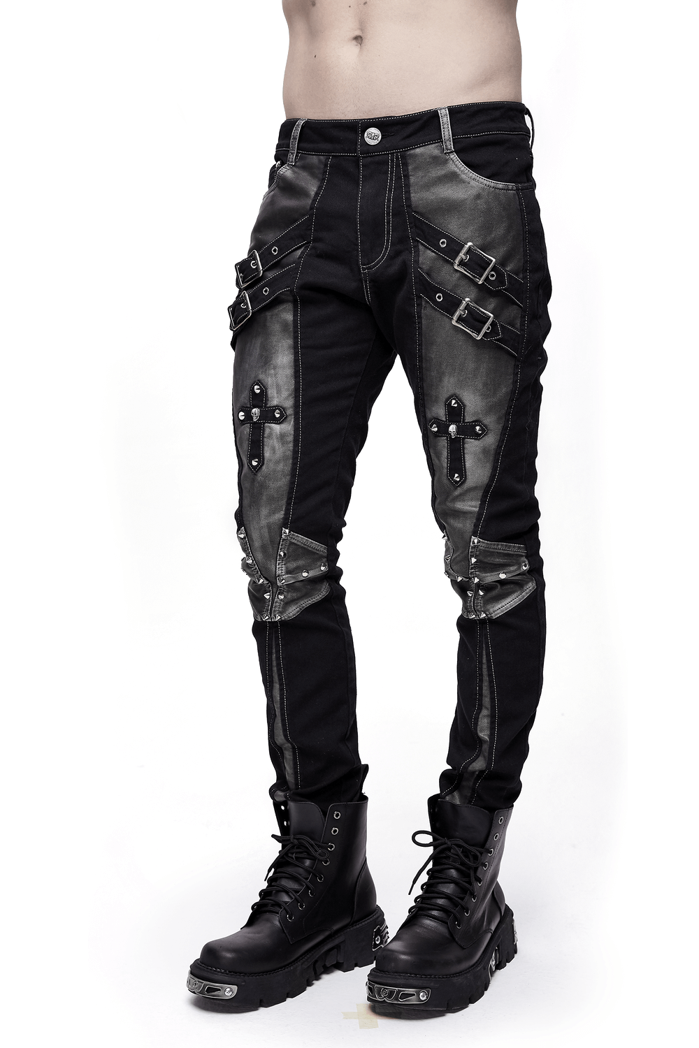 Gothic Style Studded Tight Pants with Pockets / Men's Trousers with Dual Buckle Straps