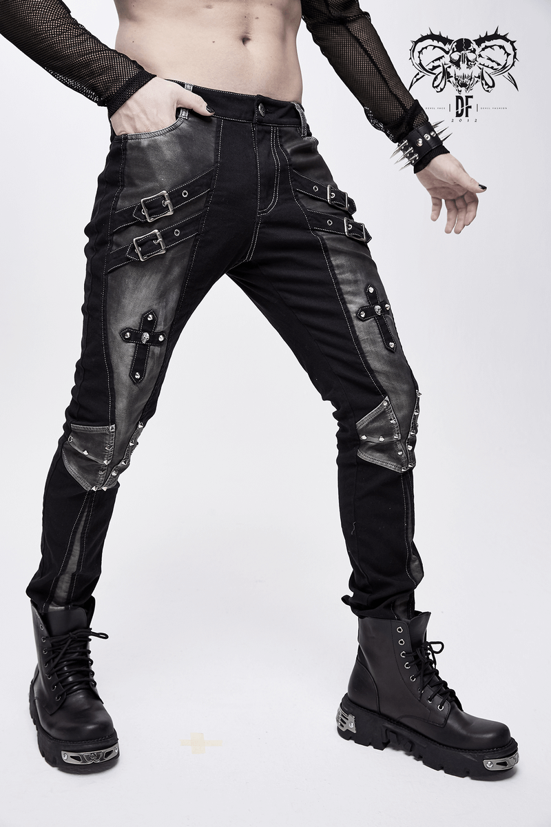 Gothic Style Studded Tight Pants with Pockets / Men's Trousers with Dual Buckle Straps