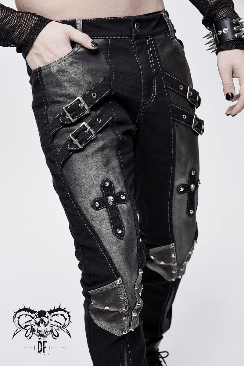 Gothic Style Studded Tight Pants with Pockets / Men's Trousers with Dual Buckle Straps