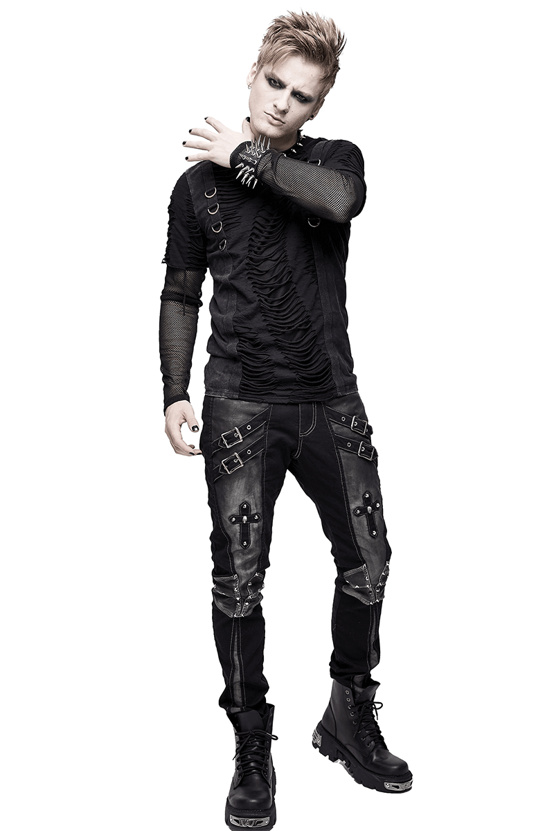 Gothic Style Studded Tight Pants with Pockets / Men's Trousers with Dual Buckle Straps
