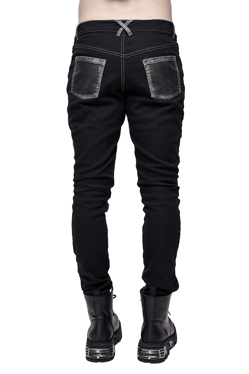 Gothic Style Studded Tight Pants with Pockets / Men's Trousers with Dual Buckle Straps