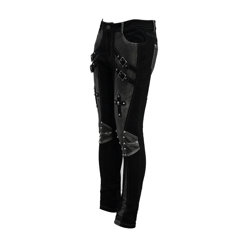 Gothic Style Studded Tight Pants with Pockets / Men's Trousers with Dual Buckle Straps