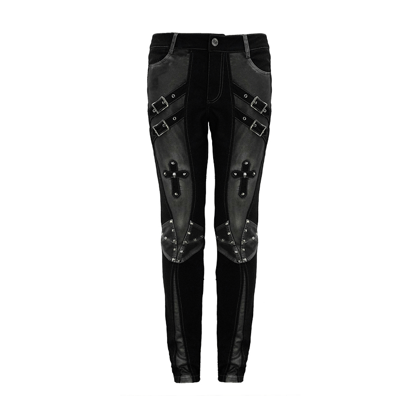 Gothic Style Studded Tight Pants with Pockets / Men's Trousers with Dual Buckle Straps