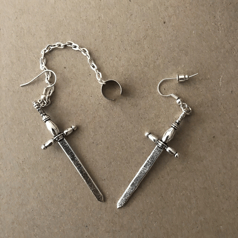 Gothic Style Sword Earrings with Chain / Punk Stylish Accessories for Women
