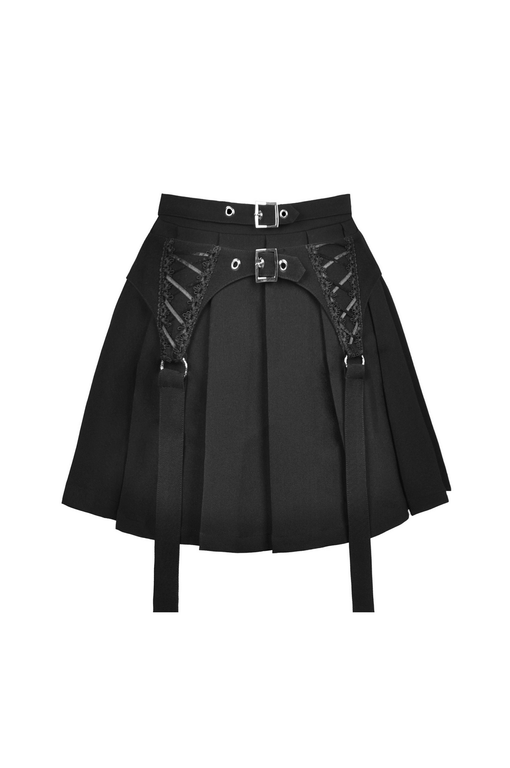 Gothic Stylish Black Pleated Skirt with Lace-Up Detail