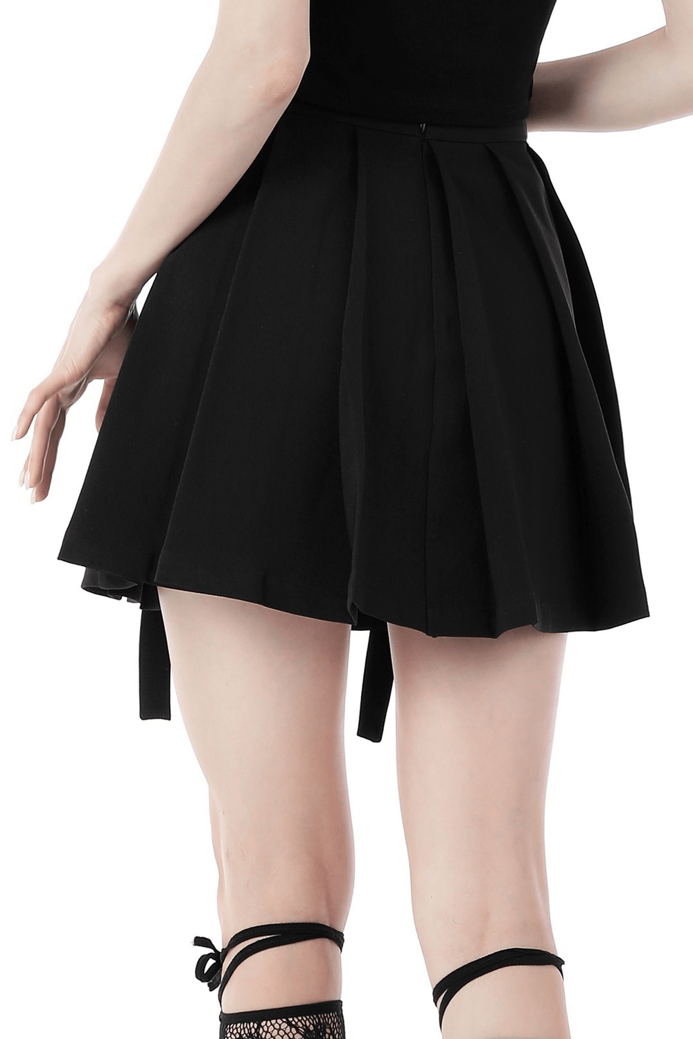 Gothic Stylish Black Pleated Skirt with Lace-Up Detail