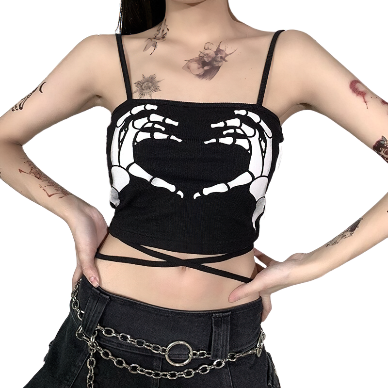 Gothic Tank Top With Skeleton Hands Printed For Women / Casual Rock Style Streetwear