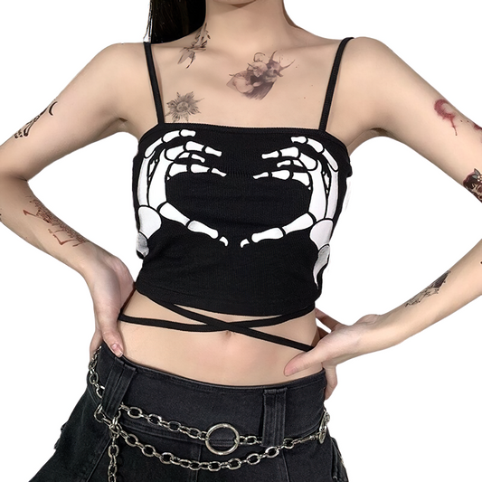 Gothic Tank Top With Skeleton Hands Printed For Women / Casual Rock Style Streetwear