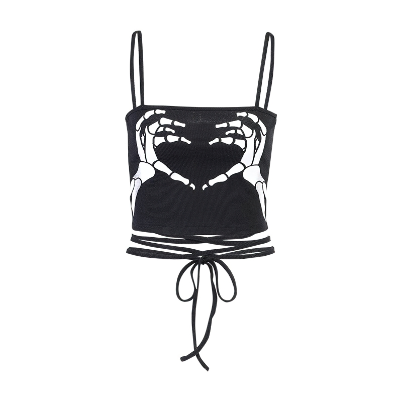 Gothic Tank Top With Skeleton Hands Printed For Women / Casual Rock Style Streetwear