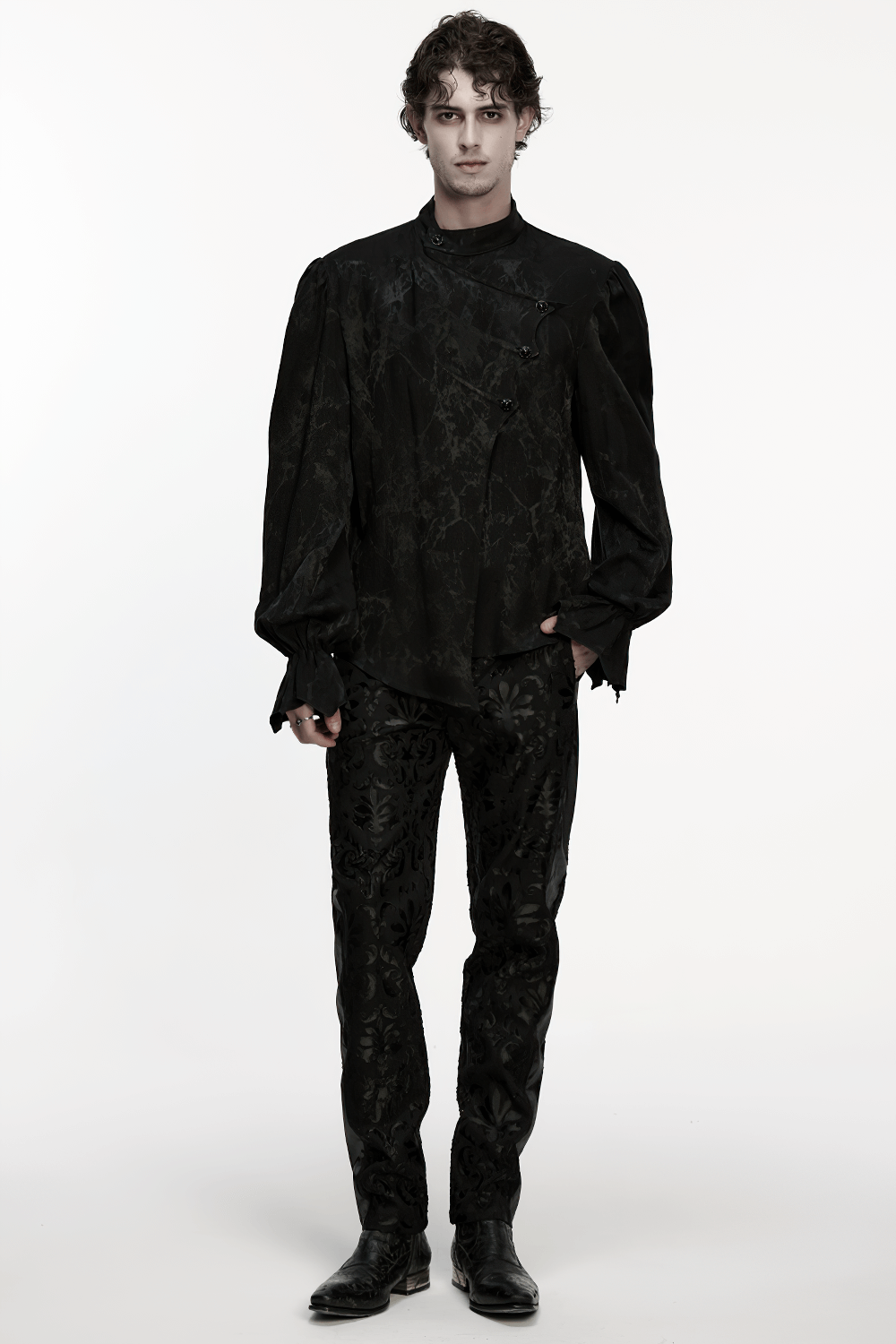 Gothic Textured Long Sleeve Shirt with Irregular Placket