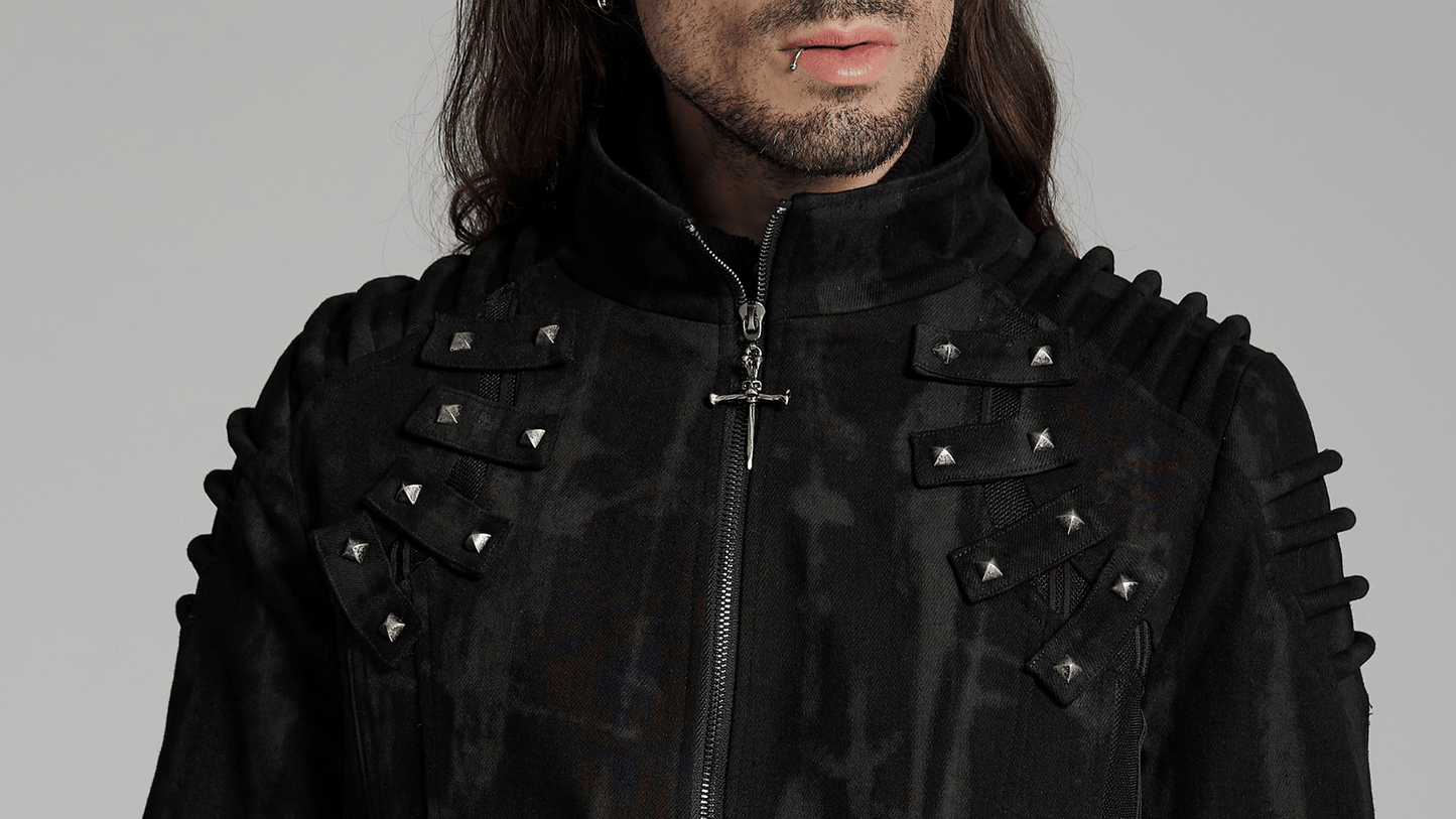 Gothic Tie-Dye Long Coat with Rivet and Mesh Details