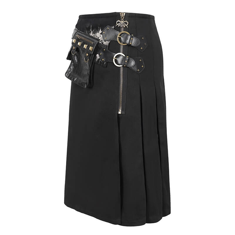 Gothic Tie-dyed Splice Kilt with Two Studded Waist Bags / Male Skirt with Double-Layered Buckles