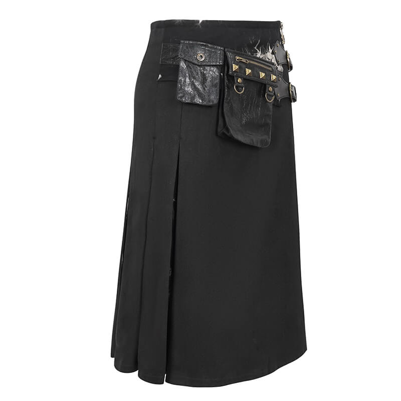 Gothic Tie-dyed Splice Kilt with Two Studded Waist Bags / Male Skirt with Double-Layered Buckles