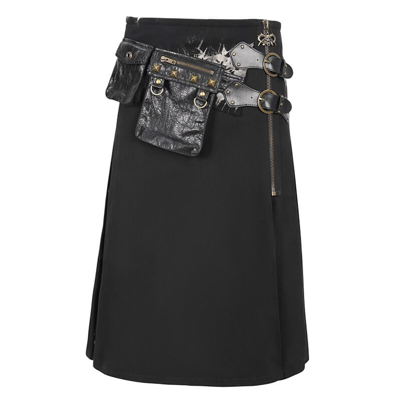 Gothic Tie-dyed Splice Kilt with Two Studded Waist Bags / Male Skirt with Double-Layered Buckles
