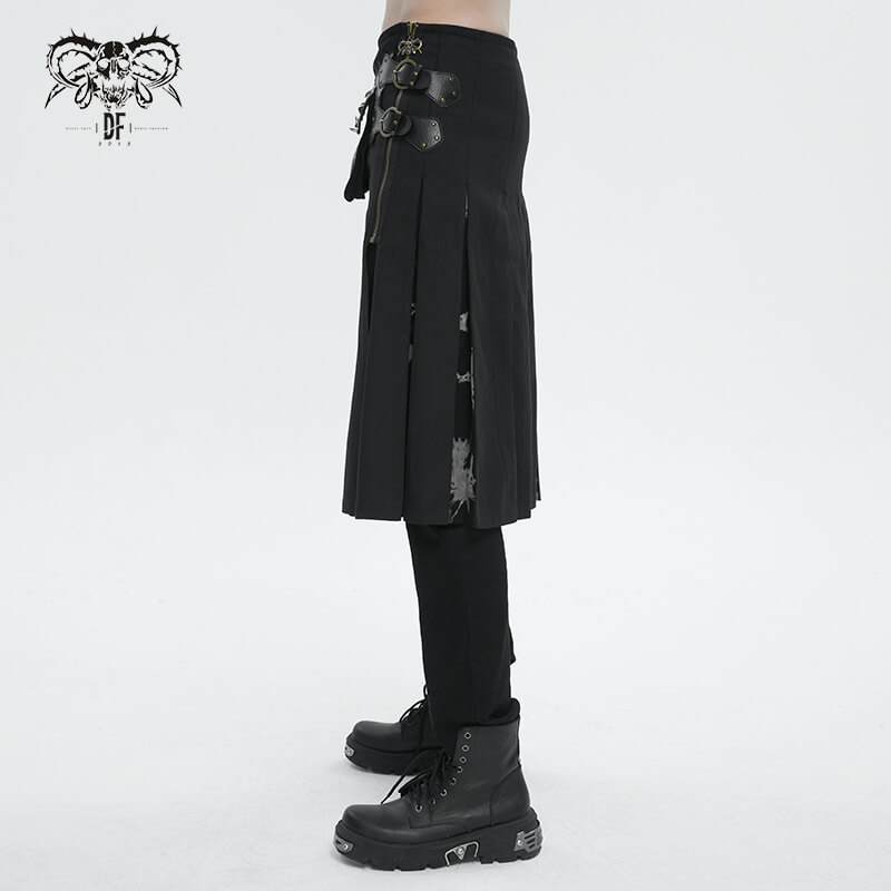 Gothic Tie-dyed Splice Kilt with Two Studded Waist Bags / Male Skirt with Double-Layered Buckles