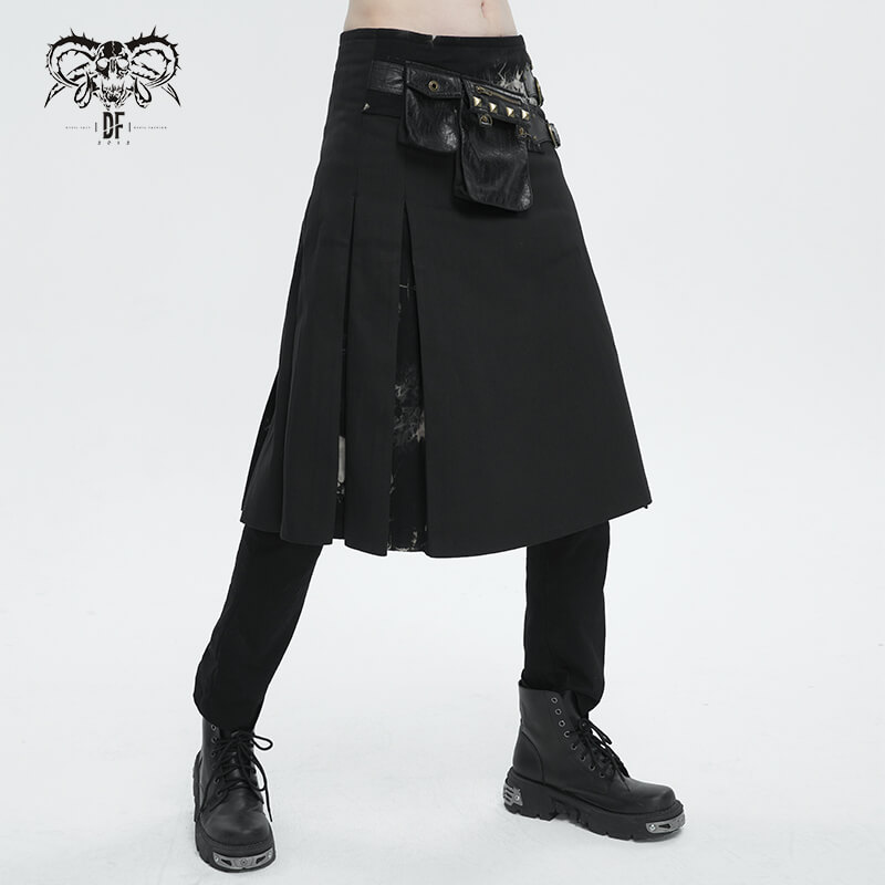 Gothic Tie-dyed Splice Kilt with Two Studded Waist Bags / Male Skirt with Double-Layered Buckles