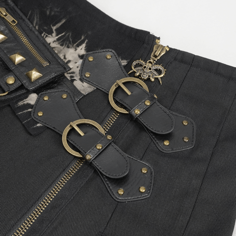 Gothic Tie-dyed Splice Kilt with Two Studded Waist Bags / Male Skirt with Double-Layered Buckles