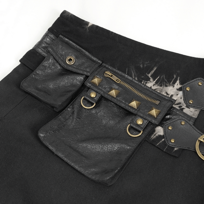 Gothic Tie-dyed Splice Kilt with Two Studded Waist Bags / Male Skirt with Double-Layered Buckles