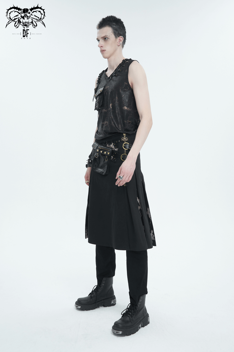 Gothic Tie-dyed Splice Kilt with Two Studded Waist Bags / Male Skirt with Double-Layered Buckles