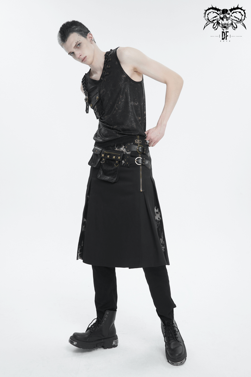 Gothic Tie-dyed Splice Kilt with Two Studded Waist Bags / Male Skirt with Double-Layered Buckles