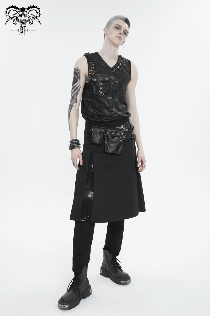 Gothic Tie-dyed Splice Kilt with Two Studded Waist Bags / Male Skirt with Double-Layered Buckles