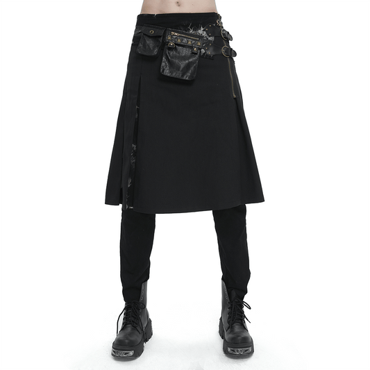 Gothic Tie-dyed Splice Kilt with Two Studded Waist Bags / Male Skirt with Double-Layered Buckles