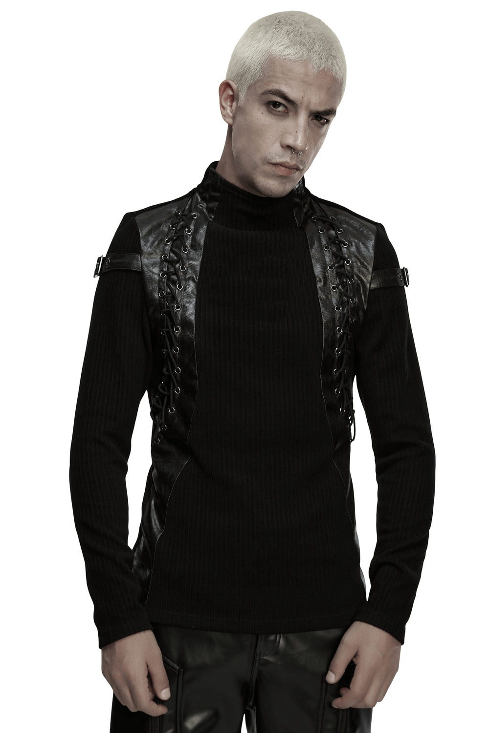 Gothic Top with Leather-Like Panels And Lacing Details