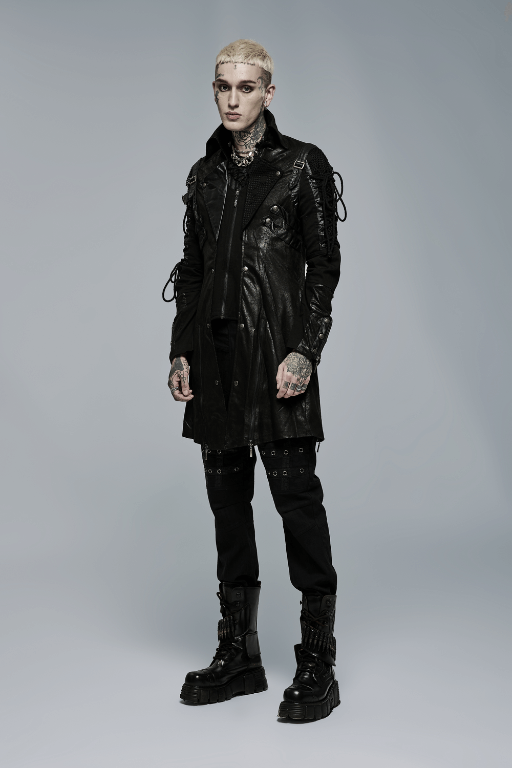 Gothic Trench Coat with Lacing and Zip Detail for Men