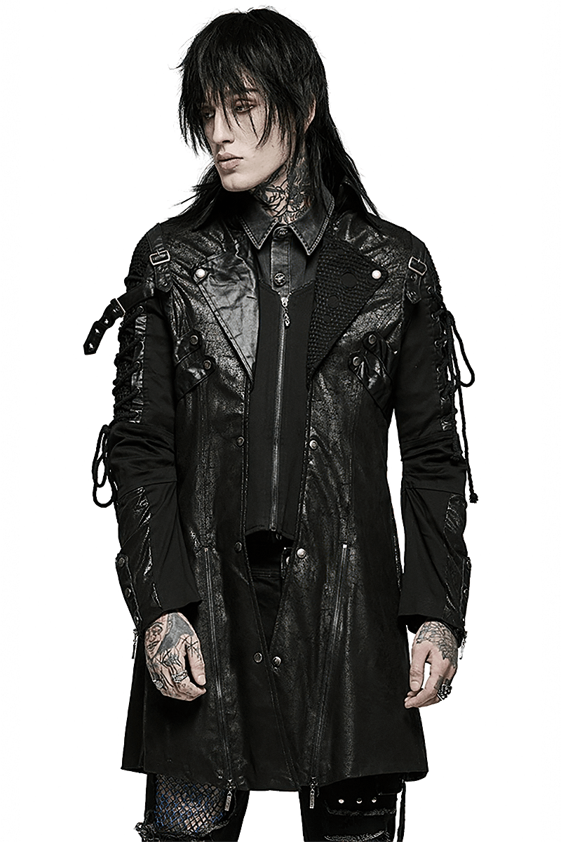 Gothic Trench Coat with Lacing and Zip Detail for Men