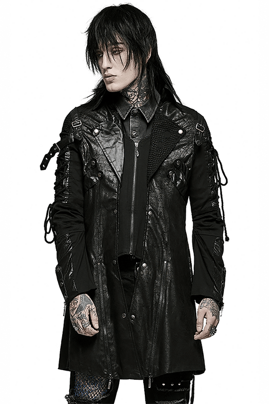 Gothic Trench Coat with Lacing and Zip Detail for Men