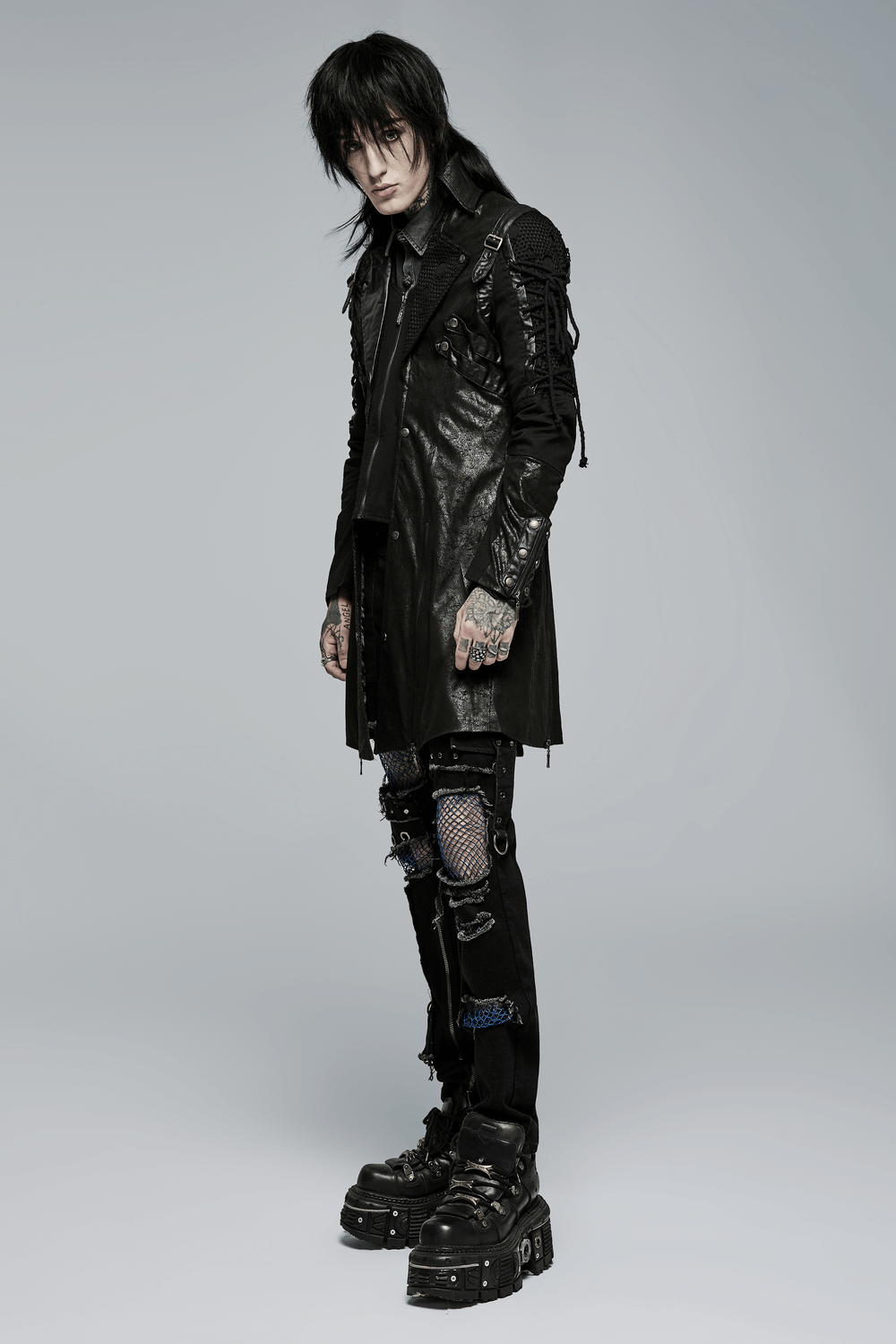 Gothic Trench Coat with Lacing and Zip Detail for Men