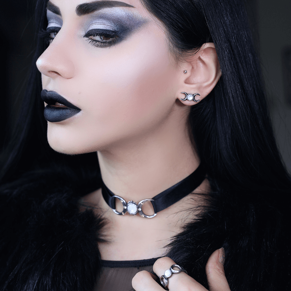 Gothic Triple Goddess Choker with Moon and Crystal Details