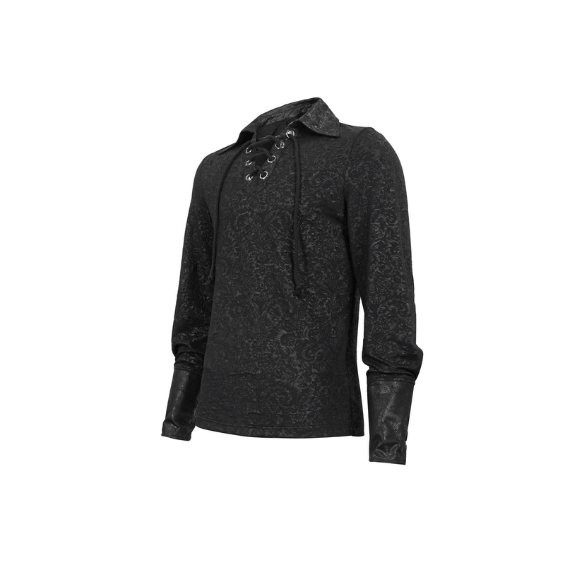Gothic Turn-down Collar Strappy Shirt / Jacquard Long Sleeve Shirt with Lace Up