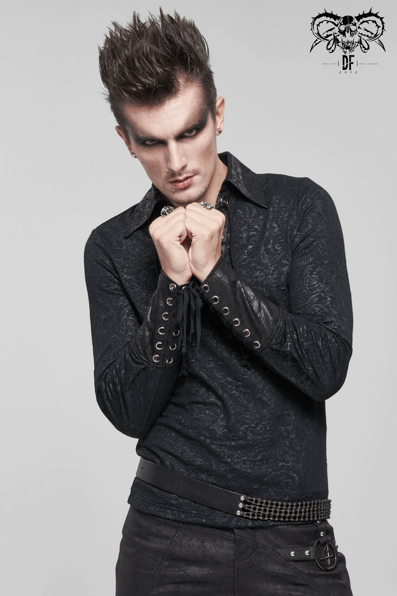 Gothic Turn-down Collar Strappy Shirt / Jacquard Long Sleeve Shirt with Lace Up